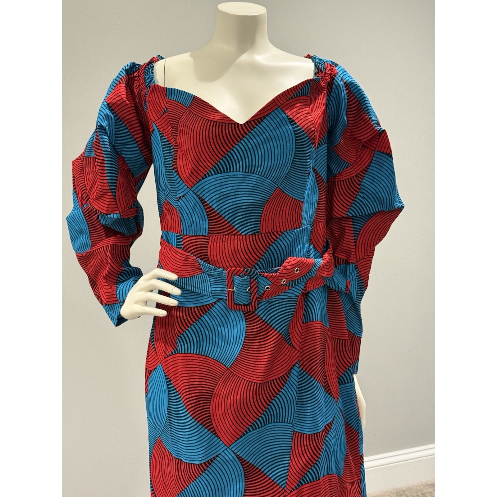 Nwt Ofuure Sz Large Bold Dress 100% Cotton Geometric Print Blue Red Belted — image 3 of 8